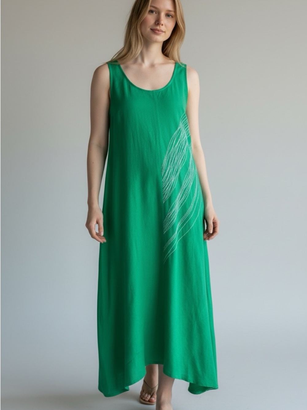 Neiman Marcus Linen Maxi Dress Green Minimalist Resort Chic Sleeveless Flowy M